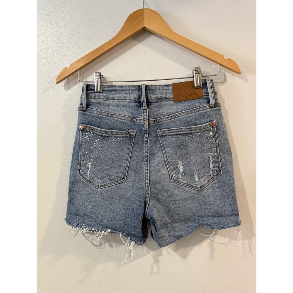 Judy Blue Rhinestone Embellished Distressed Denim Shorts Light Wash Small - Picture 4 of 5